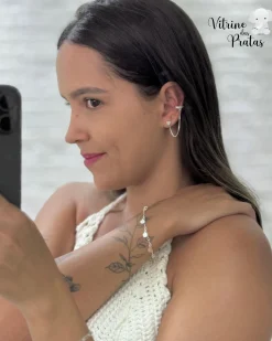 Brinco Coração Cravejado com Piercing Fake