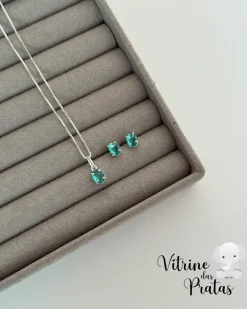 Conjunto Zircônia Oval Verde Turmalina